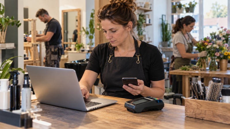 Majitelka květinářství u pultu s notebookem, mobilem a platebním terminálem