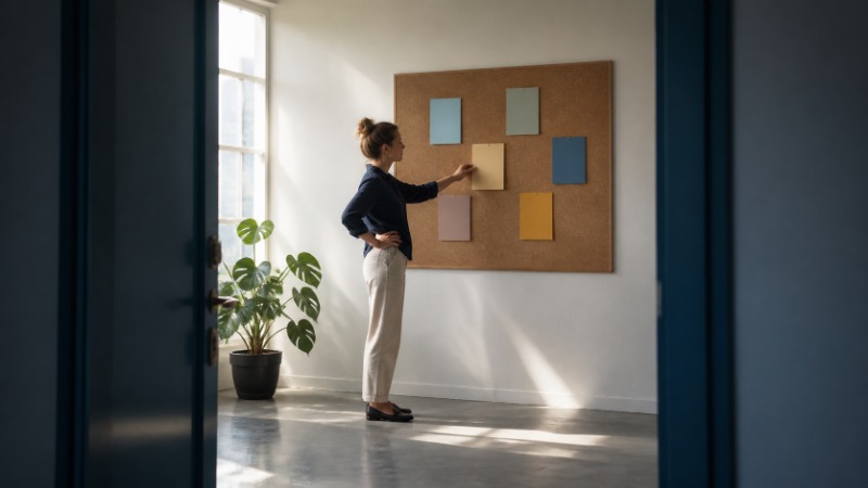 Žena u stolu s poznámkovým blokem porovnává dvě pracovní nabídky podle svých hodnot