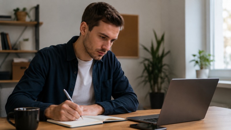 Zamyšlený člověk sedí u notebooku po neúspěšném pracovním pohovoru
