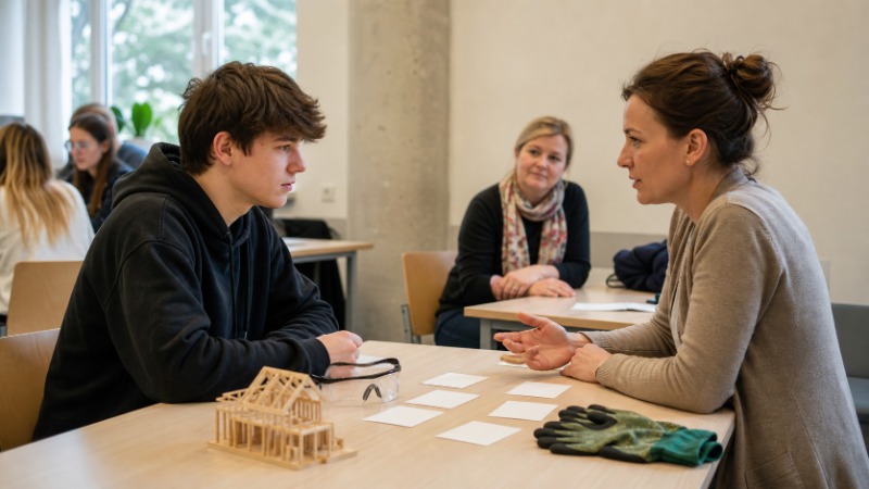 Student a jeho rodič si u stolu prohlížejí přehled studijních oborů a dělají si poznámky