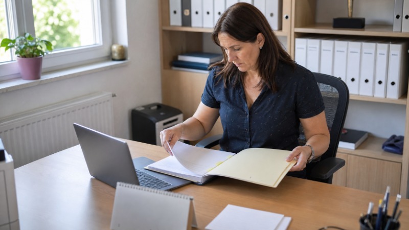 Administrativní pracovnice kontroluje svůj životopis u počítače v kanceláři