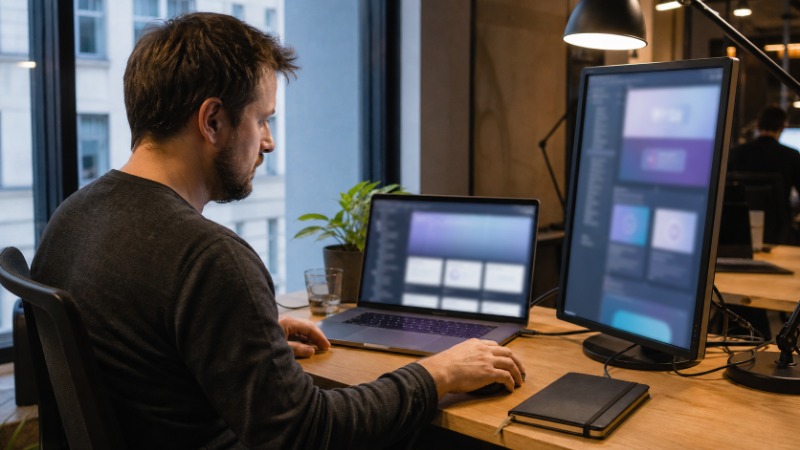 Vývojář prochází svůj životopis na monitoru vedle otevřeného editoru kódu
