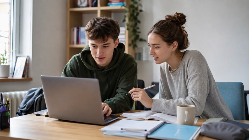 Studentka píše svůj první životopis na notebooku ve školní knihovně
